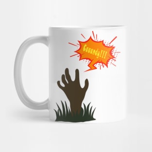 Zombie hand out of the ground asking for candy for Halloween Mug